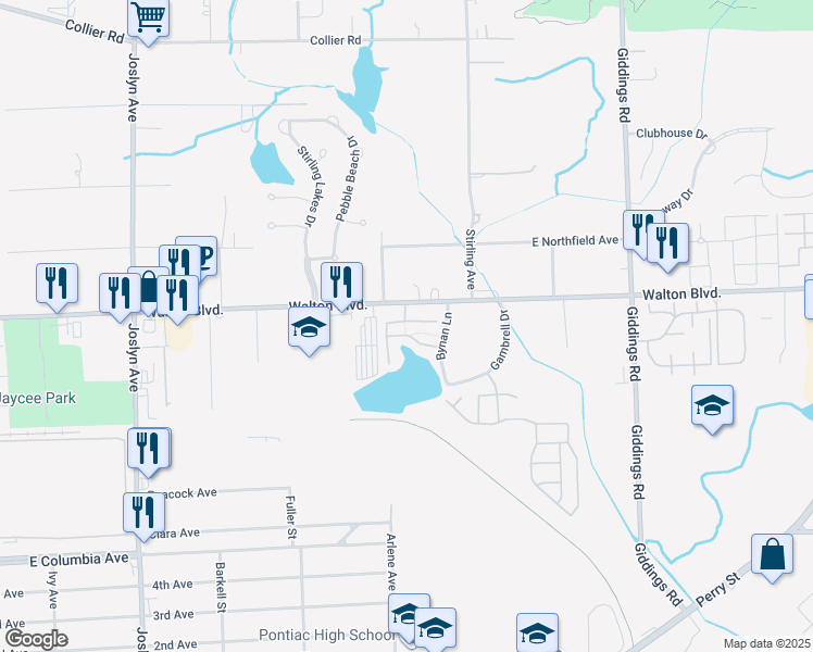 map of restaurants, bars, coffee shops, grocery stores, and more near 856 Amanda Lane in Pontiac