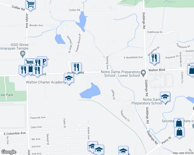 map of restaurants, bars, coffee shops, grocery stores, and more near 848 Brandon Avenue in Pontiac