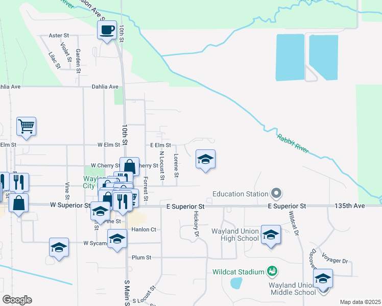map of restaurants, bars, coffee shops, grocery stores, and more near 428 East Elm Street in Wayland