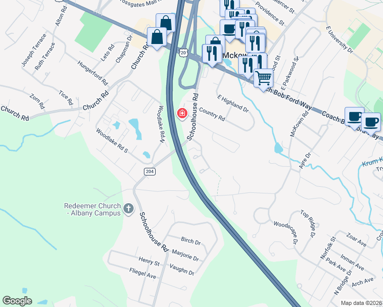map of restaurants, bars, coffee shops, grocery stores, and more near 24 Coralberry Court in Albany