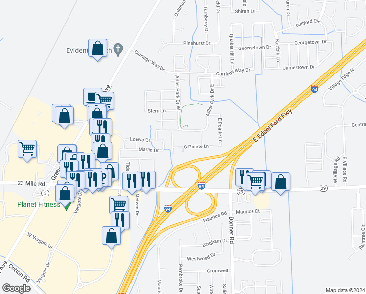 map of restaurants, bars, coffee shops, grocery stores, and more near South Pointe Lane in New Baltimore