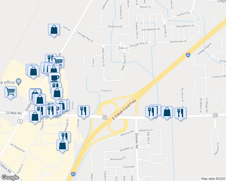map of restaurants, bars, coffee shops, grocery stores, and more near South Pointe Lane in Macomb County