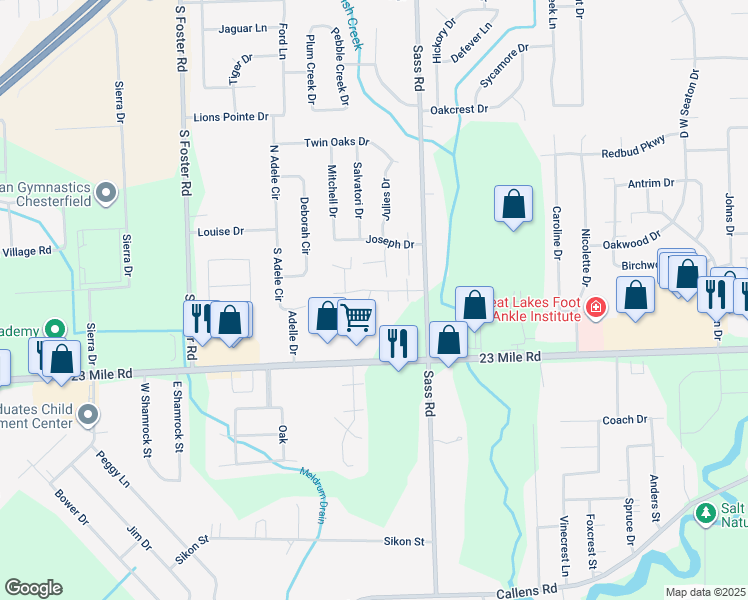 map of restaurants, bars, coffee shops, grocery stores, and more near 31852 Breezeway Drive in New Baltimore