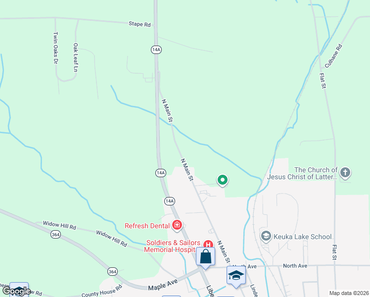 map of restaurants, bars, coffee shops, grocery stores, and more near 1805 North Main Street in Penn Yan
