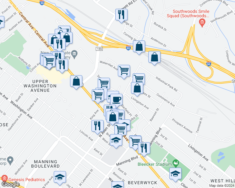 map of restaurants, bars, coffee shops, grocery stores, and more near 55 Grant Avenue in Albany