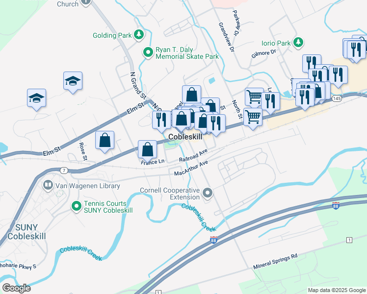 map of restaurants, bars, coffee shops, grocery stores, and more near 113 Railroad Avenue in Cobleskill