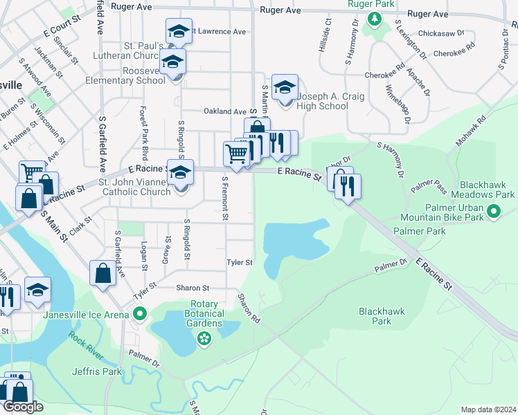 map of restaurants, bars, coffee shops, grocery stores, and more near 1536 Vista Avenue in Janesville