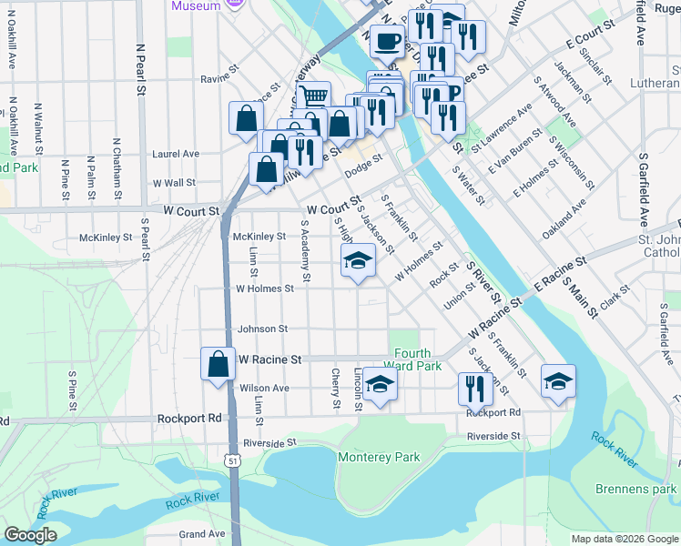 map of restaurants, bars, coffee shops, grocery stores, and more near 315 Cherry Street in Janesville