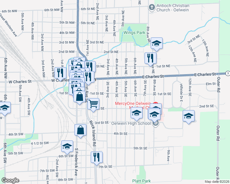 map of restaurants, bars, coffee shops, grocery stores, and more near 40 4th Avenue Southeast in Oelwein