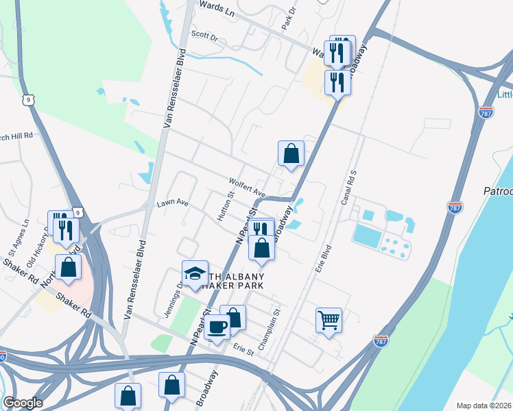 map of restaurants, bars, coffee shops, grocery stores, and more near 19 Bonheim Street in Albany