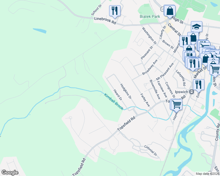 map of restaurants, bars, coffee shops, grocery stores, and more near 22 Heard Drive in Ipswich