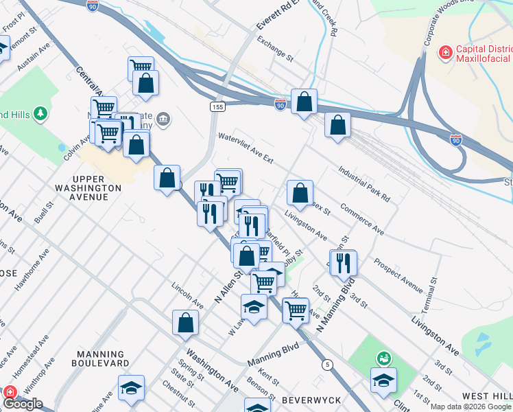 map of restaurants, bars, coffee shops, grocery stores, and more near 55 Grant Avenue in Albany