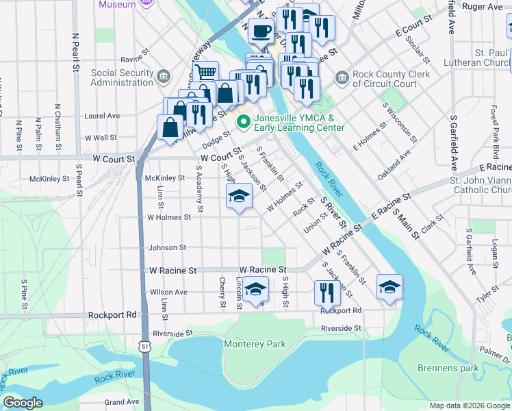 map of restaurants, bars, coffee shops, grocery stores, and more near 305 Lincoln Street in Janesville
