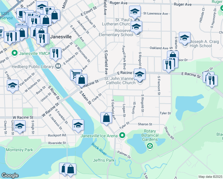 map of restaurants, bars, coffee shops, grocery stores, and more near 830 Clark Street in Janesville