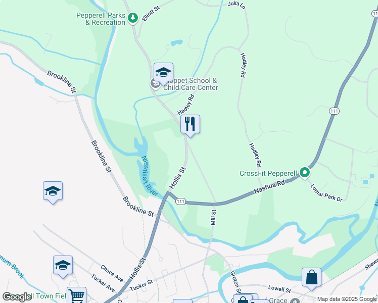 map of restaurants, bars, coffee shops, grocery stores, and more near 67 Hollis Street in Pepperell
