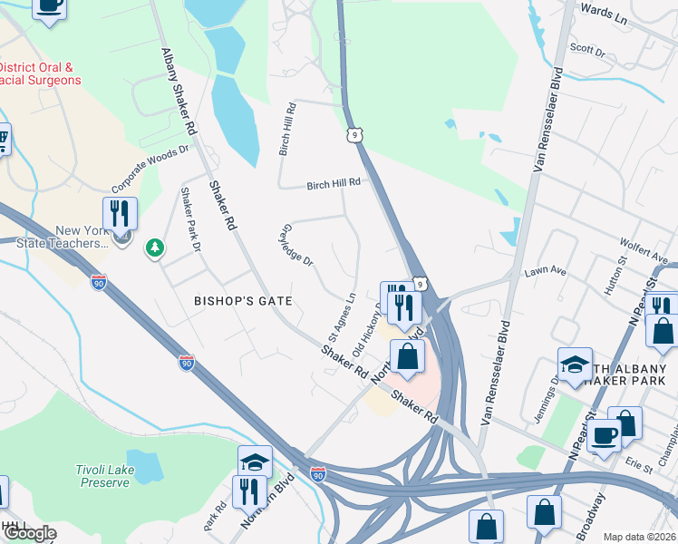 map of restaurants, bars, coffee shops, grocery stores, and more near 12 Birch Hill Road in Albany