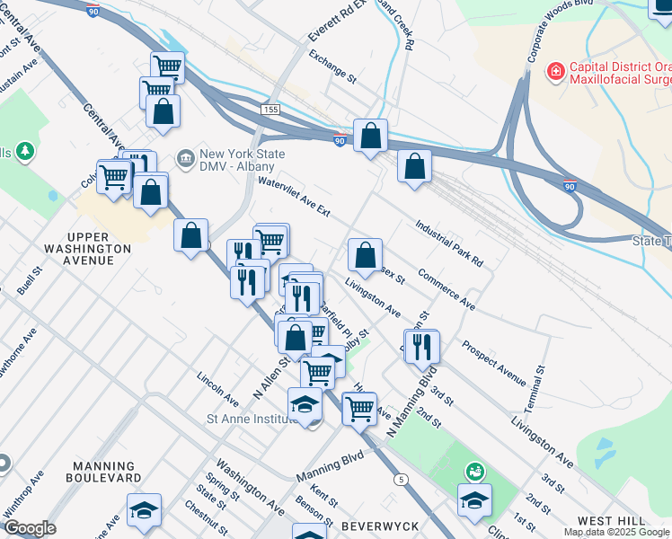 map of restaurants, bars, coffee shops, grocery stores, and more near 90 Watervliet Avenue in Albany