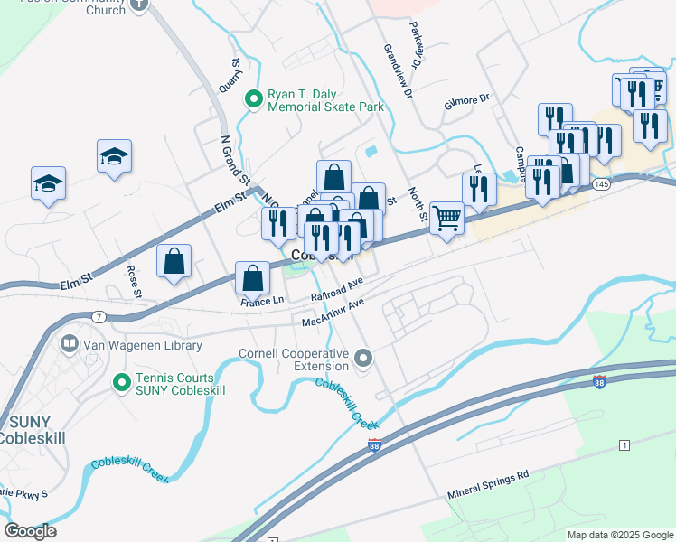 map of restaurants, bars, coffee shops, grocery stores, and more near 574 East Main Street in Cobleskill