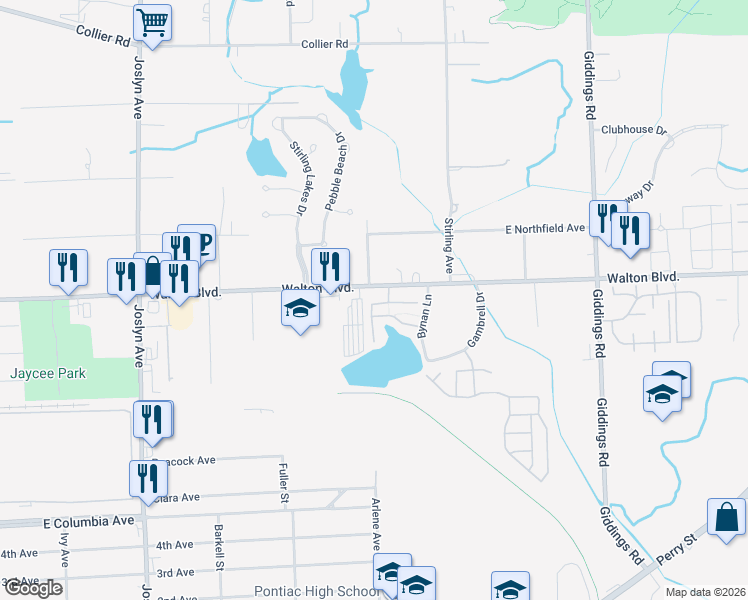 map of restaurants, bars, coffee shops, grocery stores, and more near 793 East Walton Boulevard in Pontiac