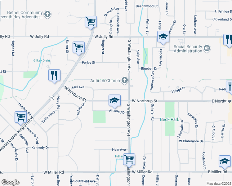 map of restaurants, bars, coffee shops, grocery stores, and more near 820 Mel Avenue in Lansing