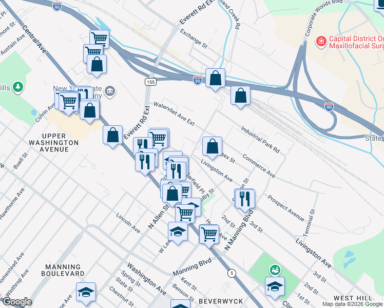 map of restaurants, bars, coffee shops, grocery stores, and more near 844 Watervliet Avenue in Albany