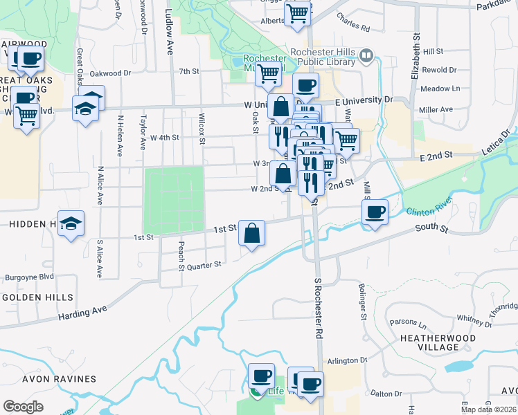 map of restaurants, bars, coffee shops, grocery stores, and more near 403 West 2nd Street in Rochester
