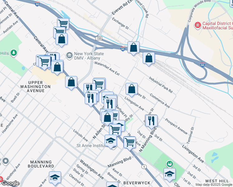 map of restaurants, bars, coffee shops, grocery stores, and more near 90 Watervliet Avenue in Albany