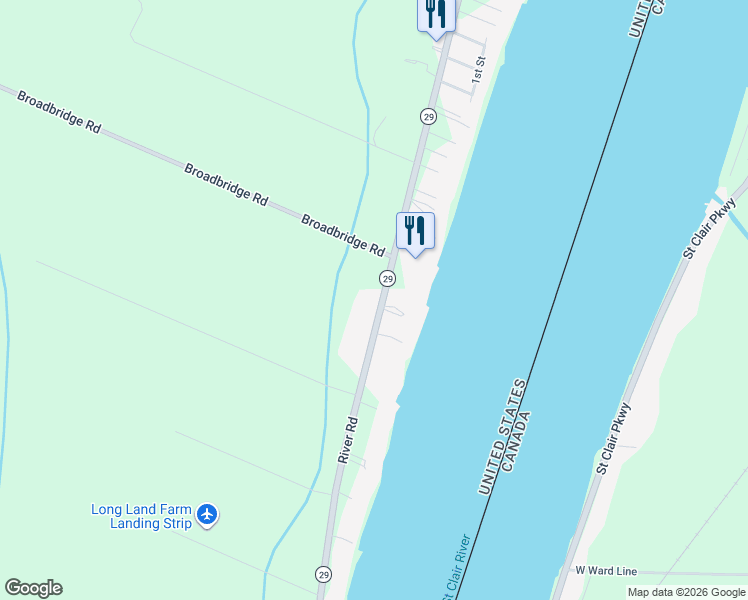 map of restaurants, bars, coffee shops, grocery stores, and more near 7572 River Road in Marine City