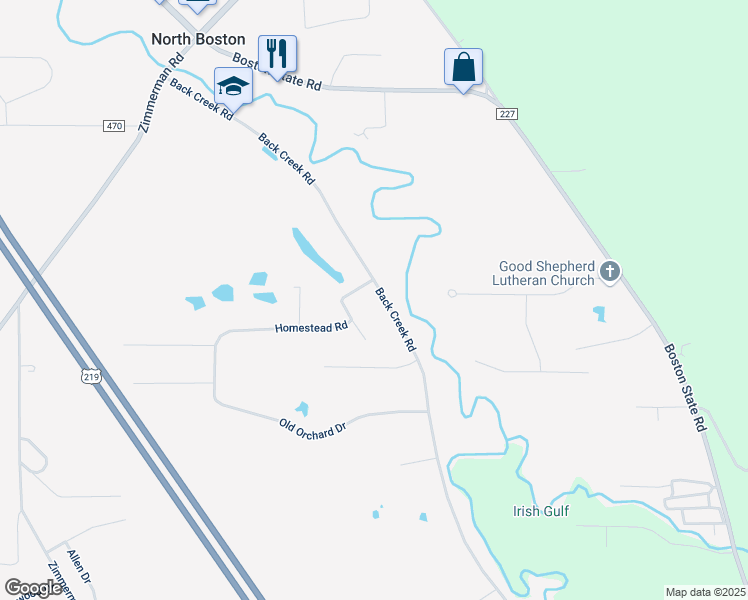 map of restaurants, bars, coffee shops, grocery stores, and more near 7664 Back Creek Road in Hamburg