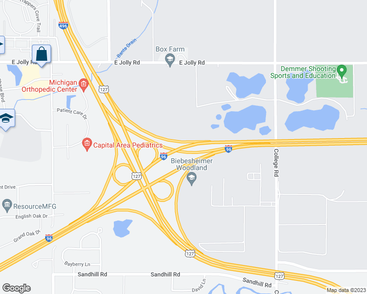 map of restaurants, bars, coffee shops, grocery stores, and more near Interstate 96 in Lansing