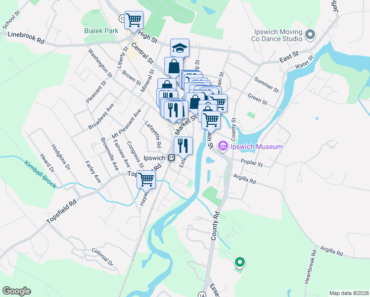 map of restaurants, bars, coffee shops, grocery stores, and more near 2 Saltonstall Street in Ipswich