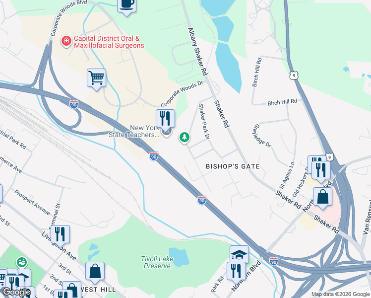 map of restaurants, bars, coffee shops, grocery stores, and more near 26-20 Rosemary Drive in Albany