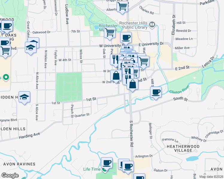 map of restaurants, bars, coffee shops, grocery stores, and more near 215 West 2nd Street in Rochester