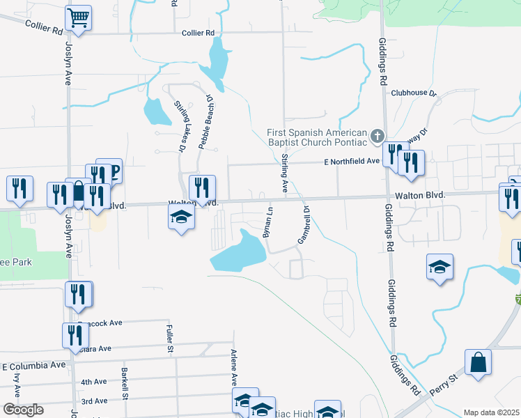 map of restaurants, bars, coffee shops, grocery stores, and more near 815 East Walton Boulevard in Pontiac