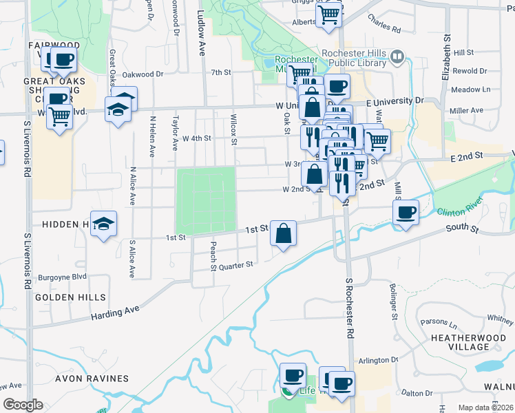 map of restaurants, bars, coffee shops, grocery stores, and more near 425 West 2nd Street in Rochester