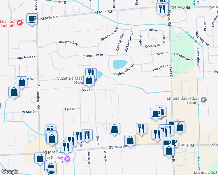 map of restaurants, bars, coffee shops, grocery stores, and more near 14400 Knightsbridge Drive in Macomb County