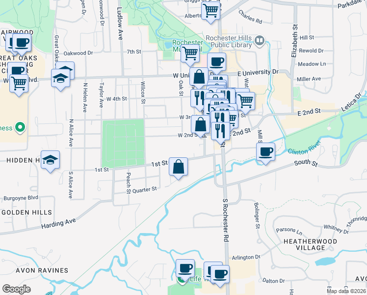 map of restaurants, bars, coffee shops, grocery stores, and more near 403 West 2nd Street in Rochester