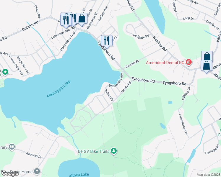 map of restaurants, bars, coffee shops, grocery stores, and more near 57 Willowdale Avenue in Dracut