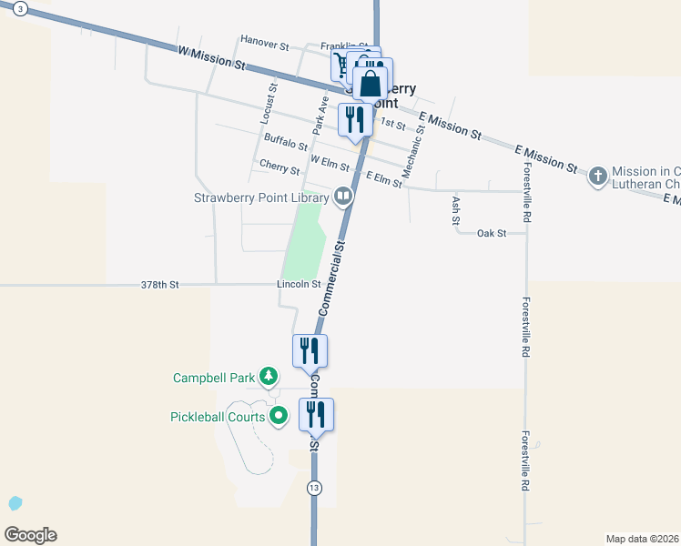 map of restaurants, bars, coffee shops, grocery stores, and more near 352-498 Commercial Street in Strawberry Point