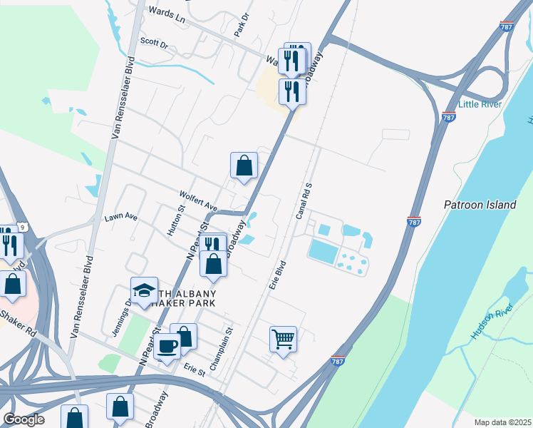 map of restaurants, bars, coffee shops, grocery stores, and more near 22 Broadway in Menands