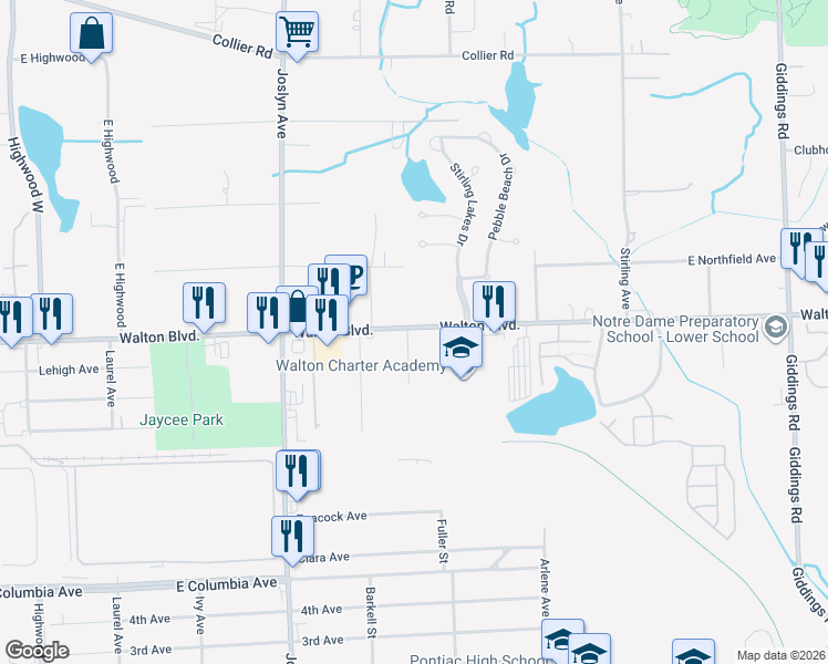 map of restaurants, bars, coffee shops, grocery stores, and more near 667 East Walton Boulevard in Pontiac