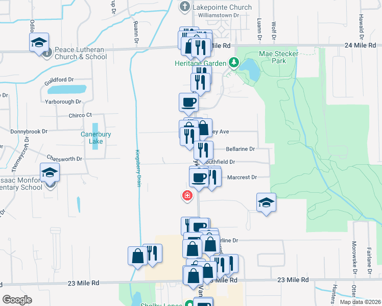 map of restaurants, bars, coffee shops, grocery stores, and more near 52132 Van Dyke Avenue in Macomb County