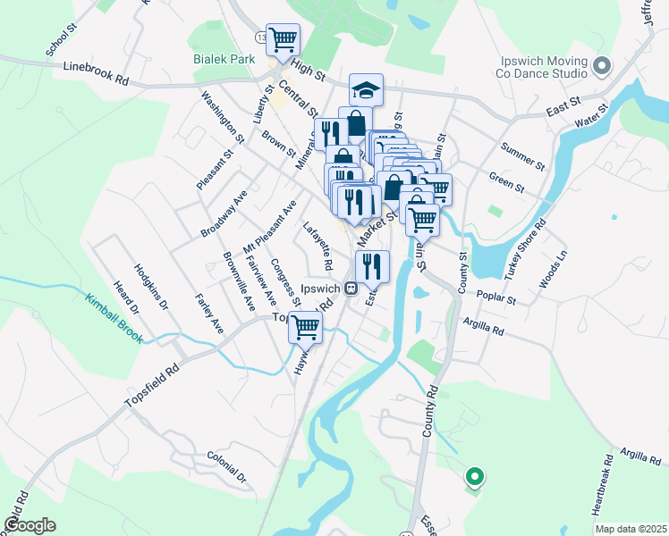 map of restaurants, bars, coffee shops, grocery stores, and more near 10 Lafayette Road in Ipswich