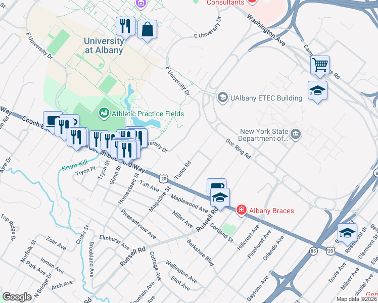 map of restaurants, bars, coffee shops, grocery stores, and more near East University Drive in Albany