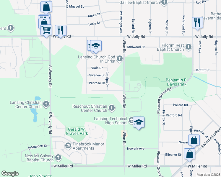 map of restaurants, bars, coffee shops, grocery stores, and more near 5501 Catalpa Drive in Lansing