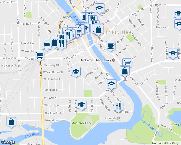 map of restaurants, bars, coffee shops, grocery stores, and more near 216 West Holmes Street in Janesville