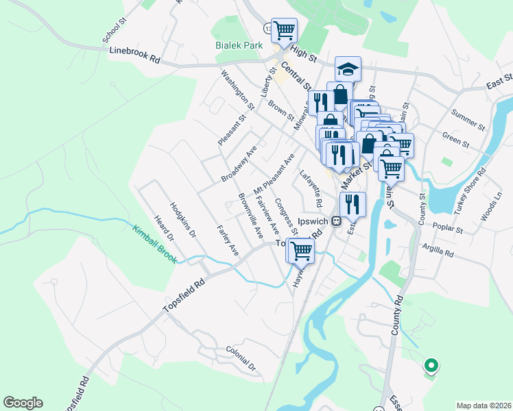 map of restaurants, bars, coffee shops, grocery stores, and more near 28 Mount Pleasant Avenue in Ipswich