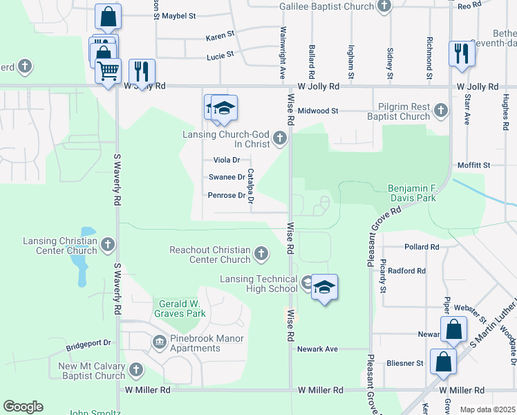 map of restaurants, bars, coffee shops, grocery stores, and more near 5501 Catalpa Drive in Lansing