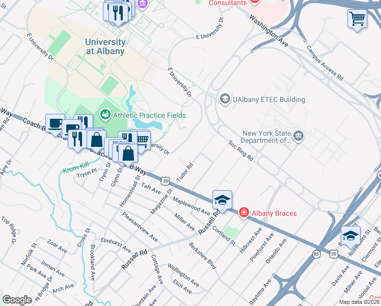 map of restaurants, bars, coffee shops, grocery stores, and more near East University Drive in Albany
