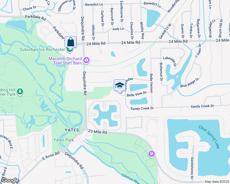 map of restaurants, bars, coffee shops, grocery stores, and more near 2400 Belle View Drive in Shelby Township